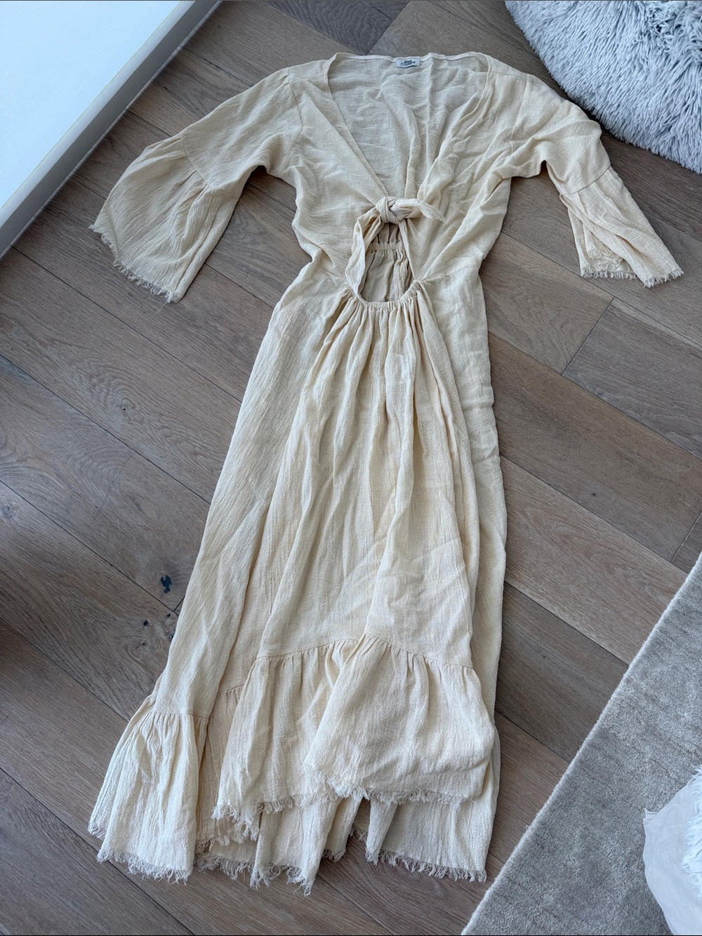 Tie-Front Cream Maxi Dress with Flared Sleeves